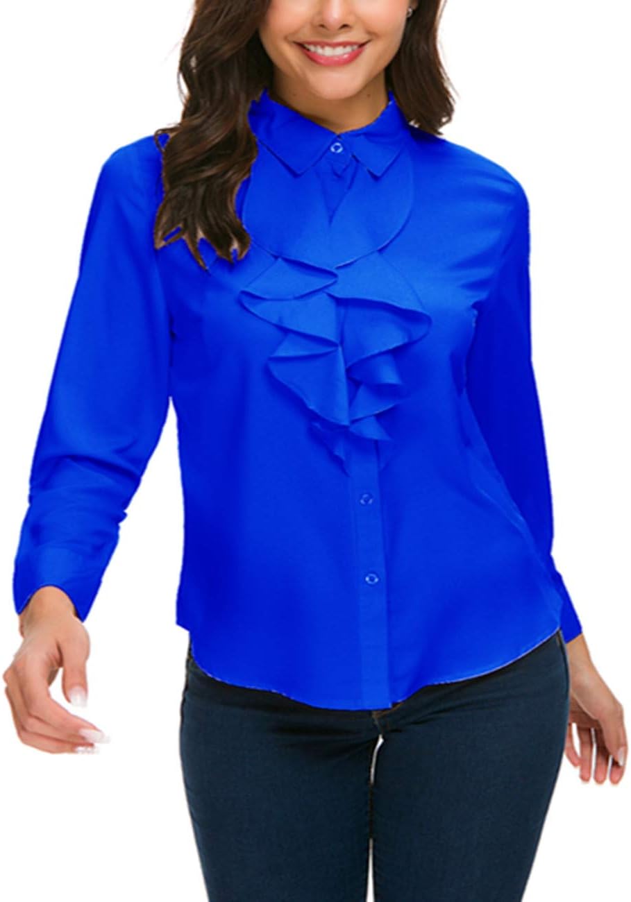 Womens Vintage Long/Short Sleeve Lotus Ruffled Casual Work Shirt Chiffon Blouse Basic Tops - Image 4
