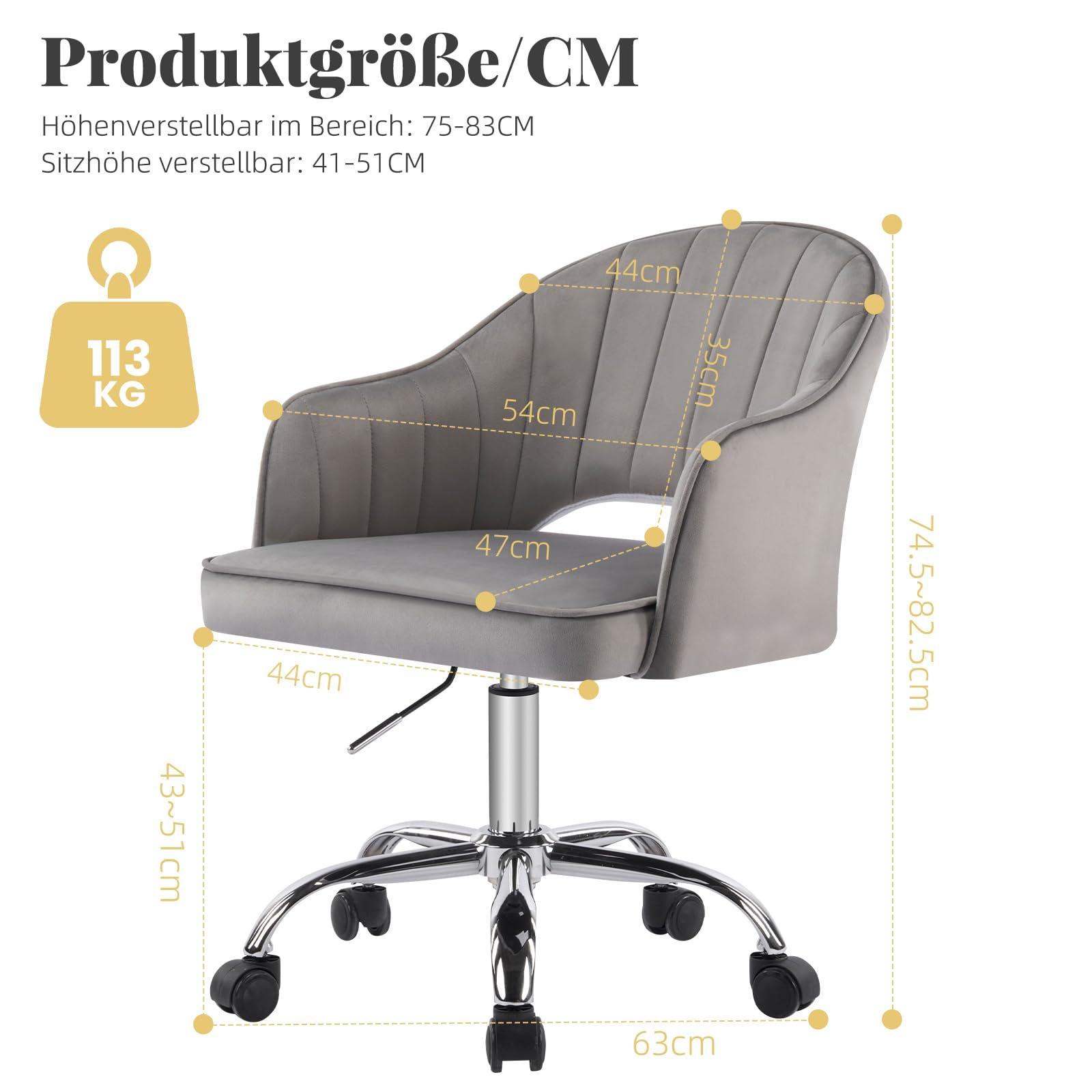Schminkstuhl, Schminktisch Stuhl, SamtStuhl, Drehstuhl, U-förmiger Tiefsitz, Höhenverstellbar, Ergonomischer, für Arbeitszimmer, Schlafzimmer, bis 113 kg belastbar Grau