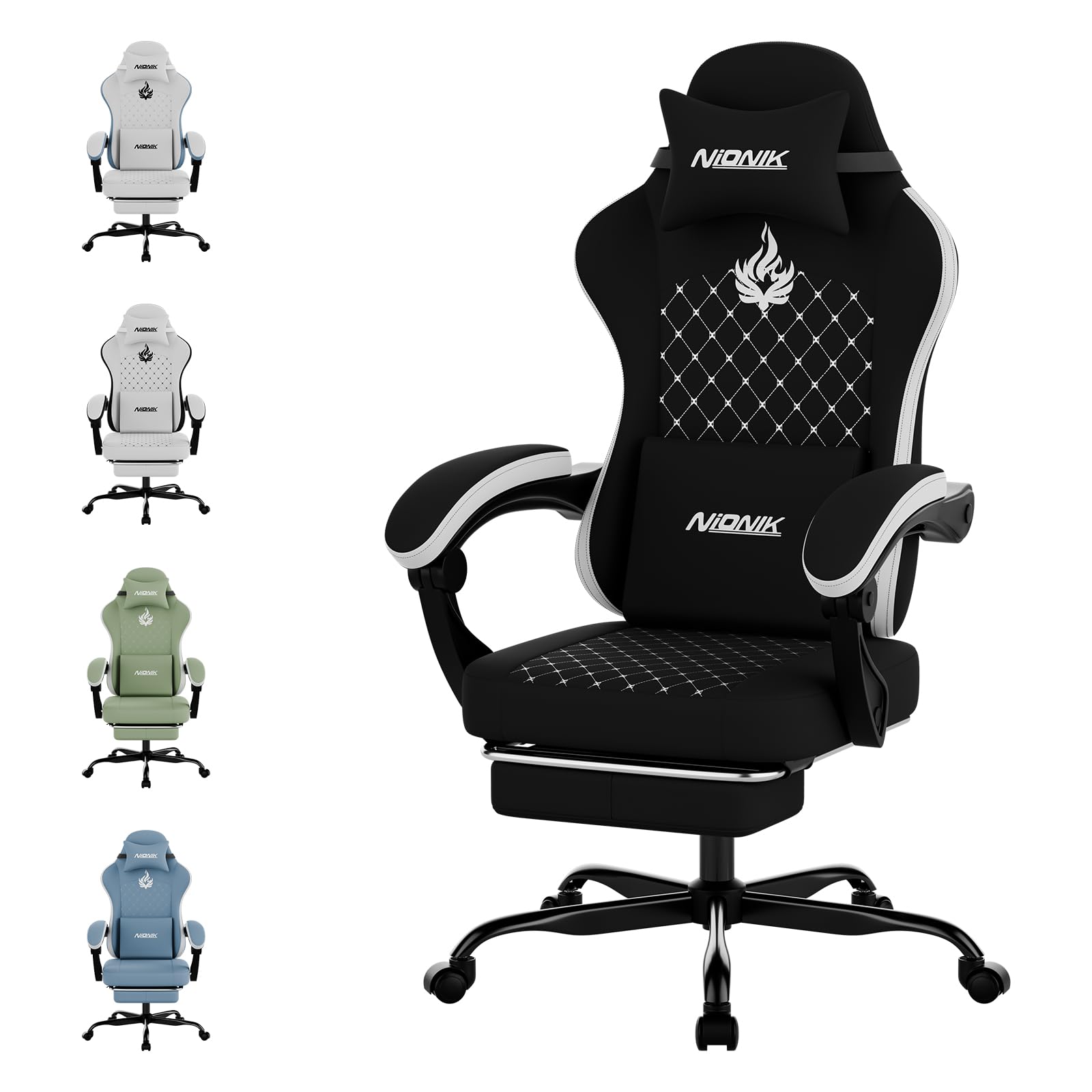 NIONIK Gaming Chair with Massage,Ergonomic PC Gaming Chair Computer Chairs with Footrest Comfortable Headrest and Lumbar Support, High Back Blackwhite