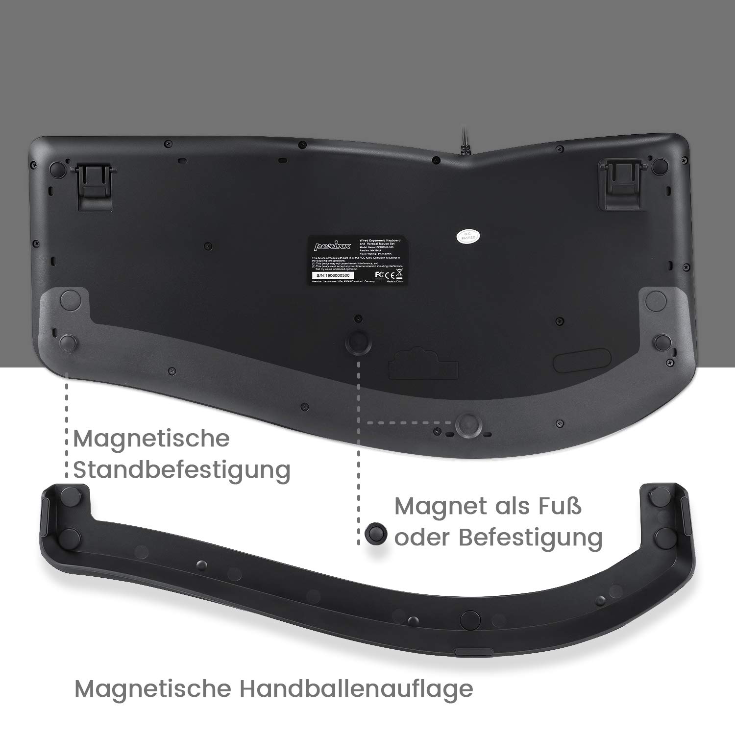 Perixx Periduo-505 - Tastiera ergonomica con mouse verticale, tastiera divisa, rotella di scorrimento a 4 vie, poggiapolsi personalizzabile, tasti piatti, con cavo USB, QWERTZ