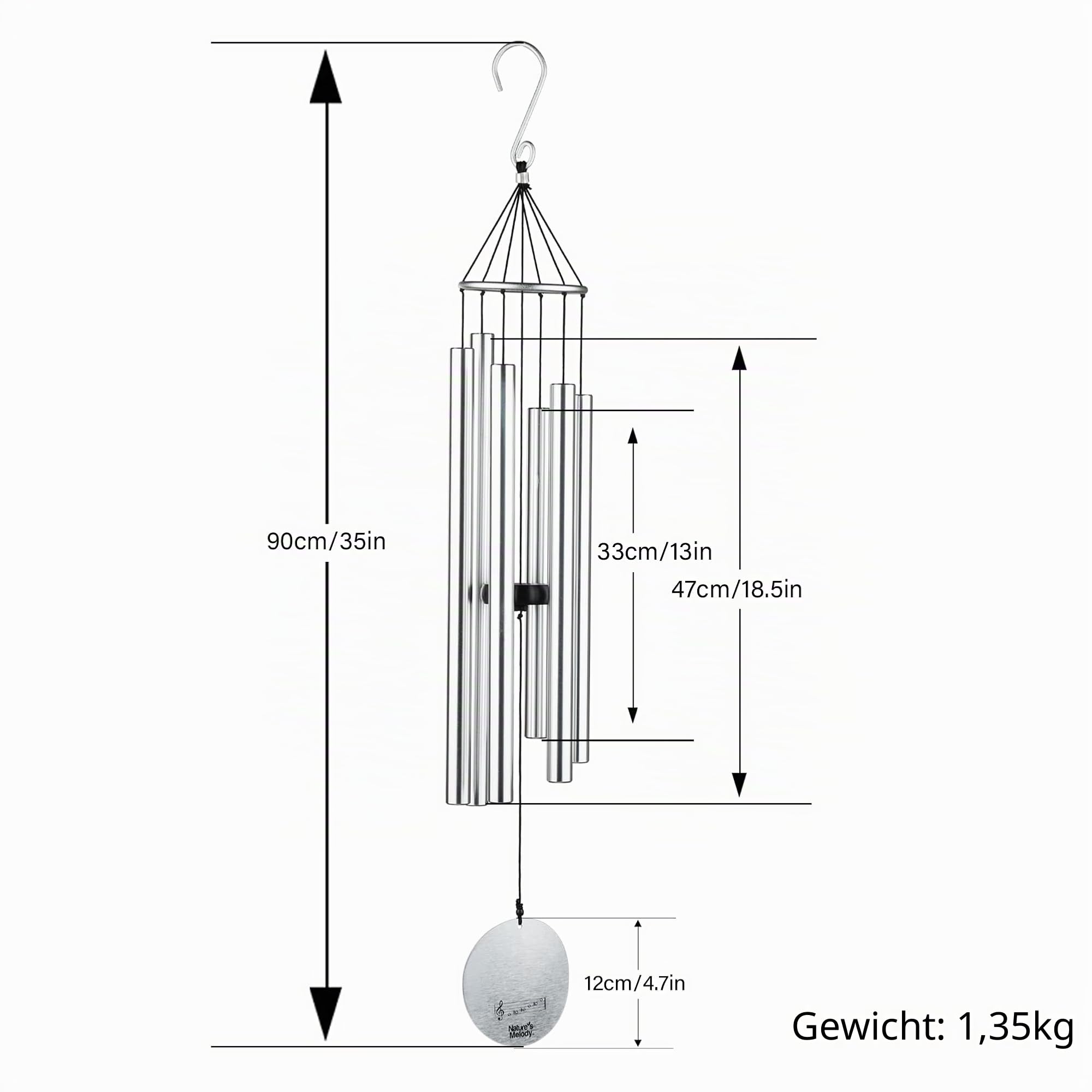 OSVINO Klangspiele Windspiele Aluminium mit Klang Gesamtlänge 90cm groß für drinnen draußen Balkon Garten Hof Terasse, Silber