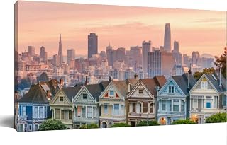 Alamo square and Painted Ladies San Francisco skyline Canvas Wall Art Large Framed Prints Pictures Wall Decor Posters Painting Artwork for Living Room Bedroom Kitchen Bathroom 24x47