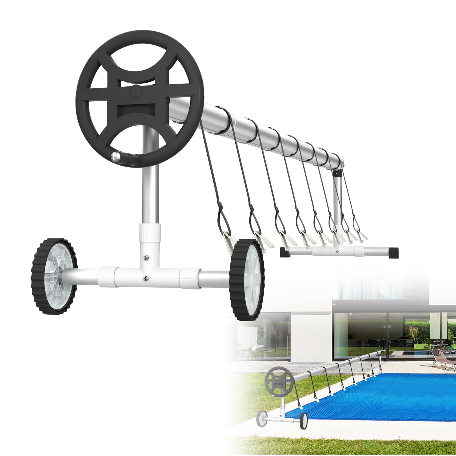 LZQ Enrouleur de film de piscine mobile en aluminium + système d'enroulement en acier inoxydable avec 8 bandes de fixation pour bâche solaire et bâche de piscine | 3 m à 5,70 m réglable