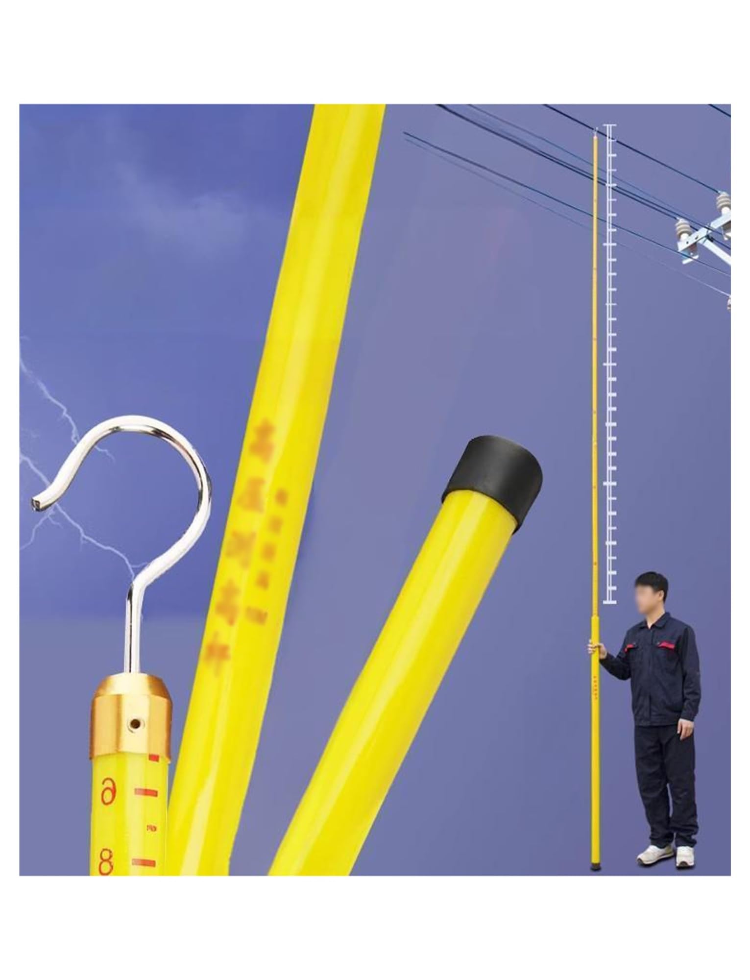 teleskopowa miarka i pręt, Izolowany teleskopowy pręt pomiarowy z hakiem do wysokiego napięcia 600-1800 cm(600cm/19.7ft)