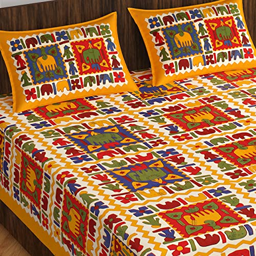 Image of 100% Cotton 240 TC Pure Cotton Bedsheet for Double Bed, King & Queen Size Bed with 2 Pillow Covers, Jaipuri Rajasthani Design, Extra Soft & Wrinkle Free 90x100