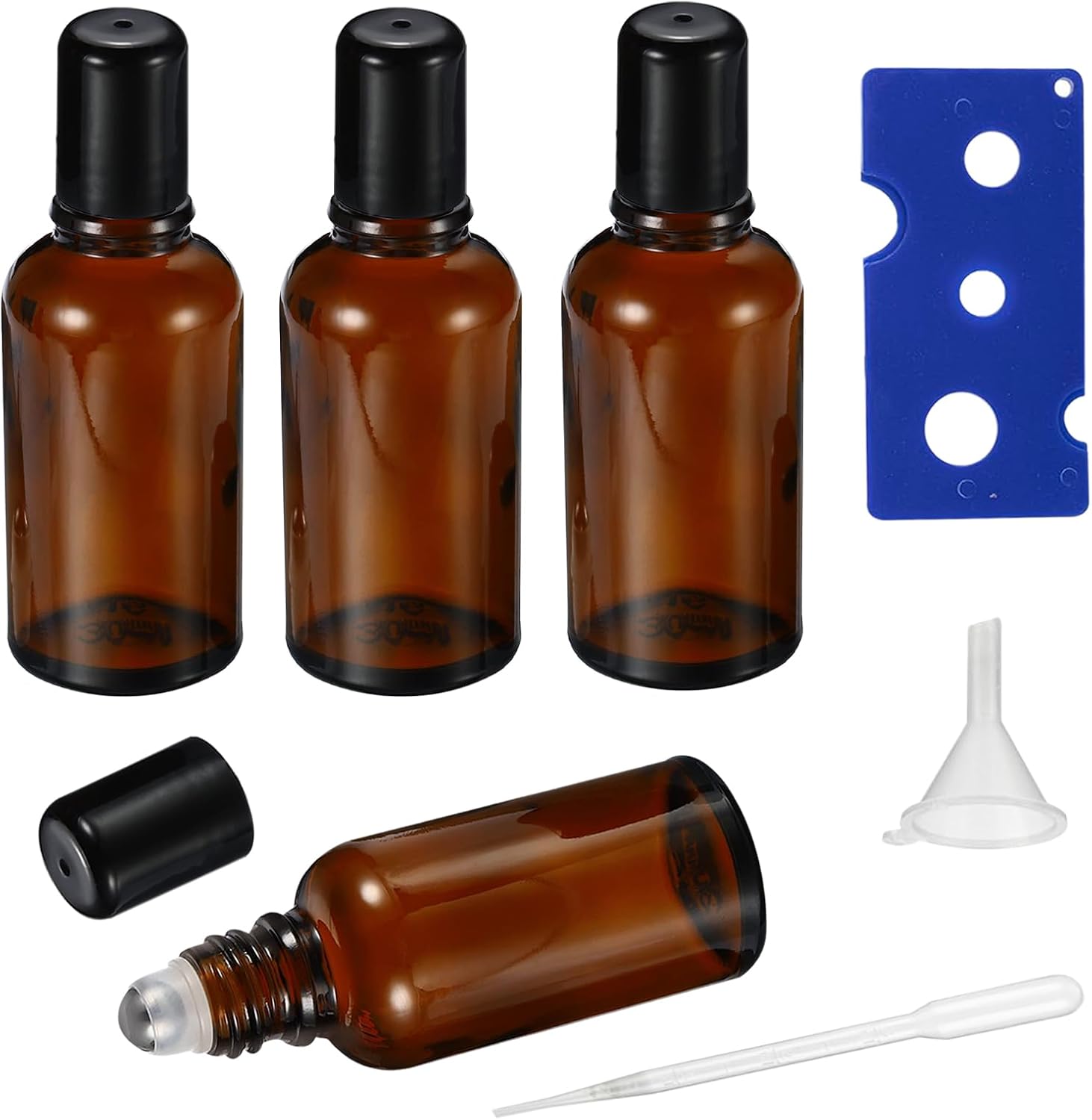 50ML Roller Bottles for Essential Oil, 3 Pack Empty Amber Glass Roller Bottle for Perfume Oil, Roll on Bottles with Stainless Steel Roller Balls, Opener, Funnel and Dropper