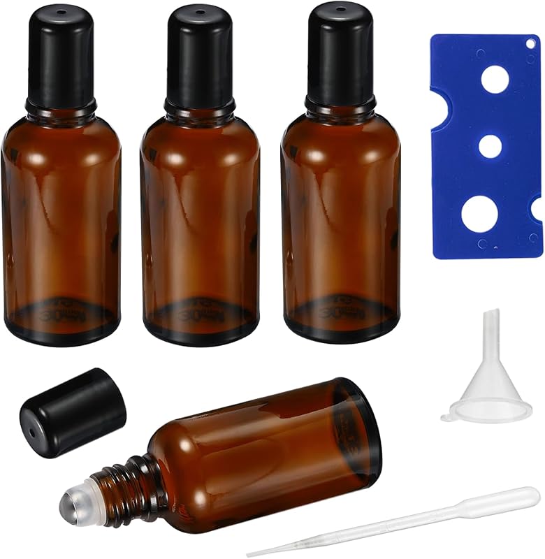 HEYLEAYAR Frascos Roller de Vidro Âmbar com 30 mL, Pacote com 4 e Acessórios