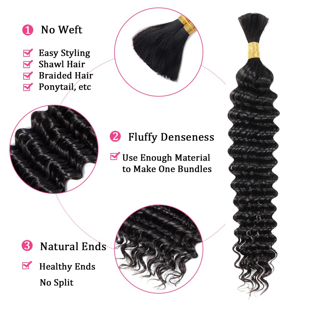 Human Braiding Hair 1 Bundle 50g 24Inch Deep Wave Bulk Human Hair for Braiding No Weft Curly Braiding Hair Bulk Curly Human Hair for Boho Braids 12A Brazilian Virgin Hair Extensions Natural Color