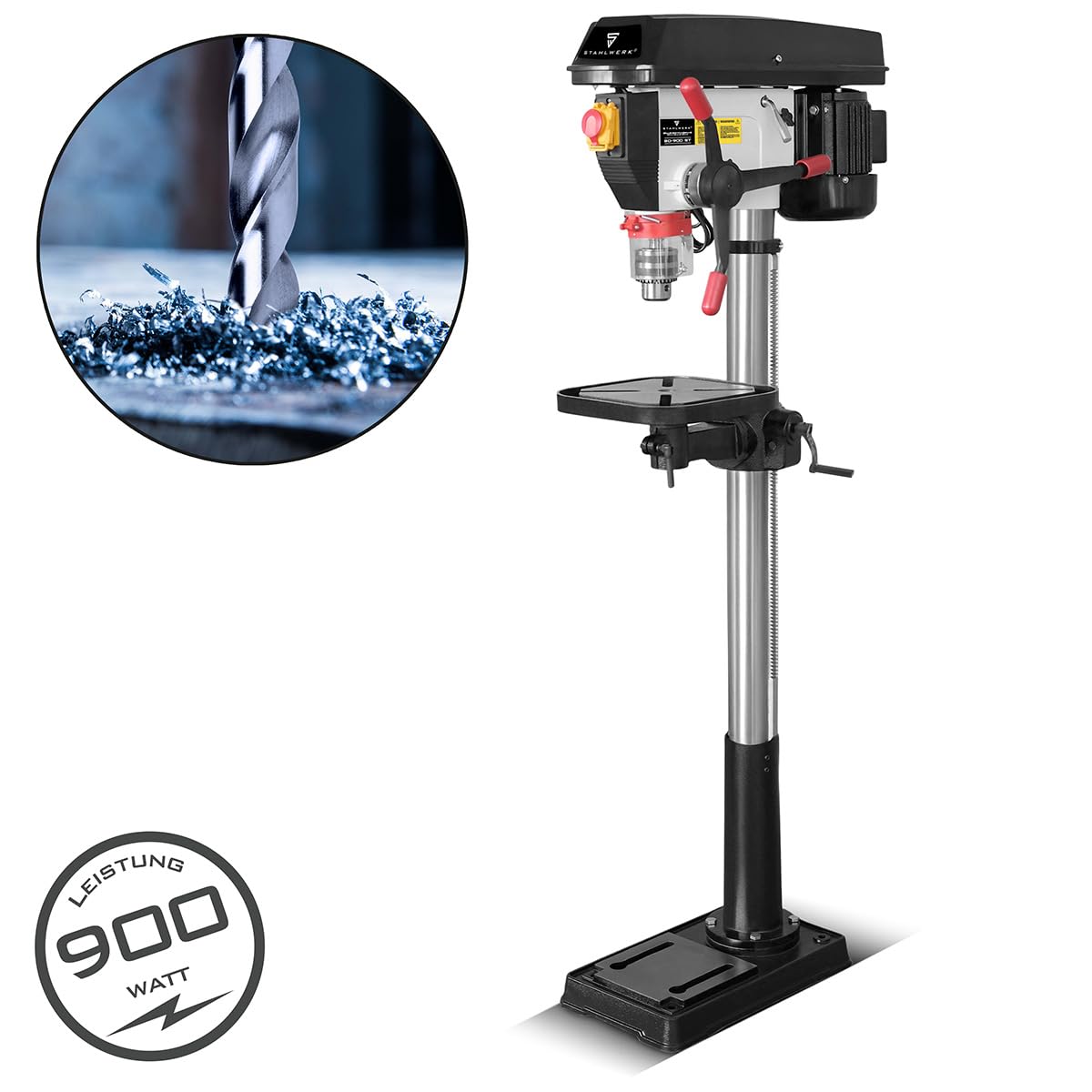 STAHLWERK Säulenbohrmaschine 900 W – Bohrdurchmesser Ø 5-20 mm, 280-2.380 U/min, präzise Standbohrmaschine für Heimwerker und Metallbauer, robuster Bohrtisch und Metallfuß für stabilen Stand