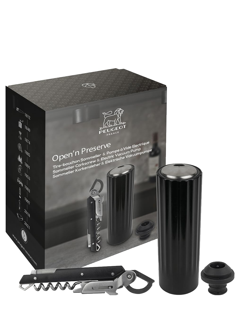 Coffret cadeau oenologie Peugeot avec tire-bouchon Clavelin et pompe à vide noire