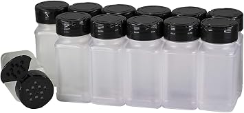 Pinnacle Mercantile Square 4oz. Spice Jars w/Sifter Black Lids 12-Pack Empty, Reusable Containers for Herbs, Seasonings, Confectionary Toppings | Heavy-Duty Plastic