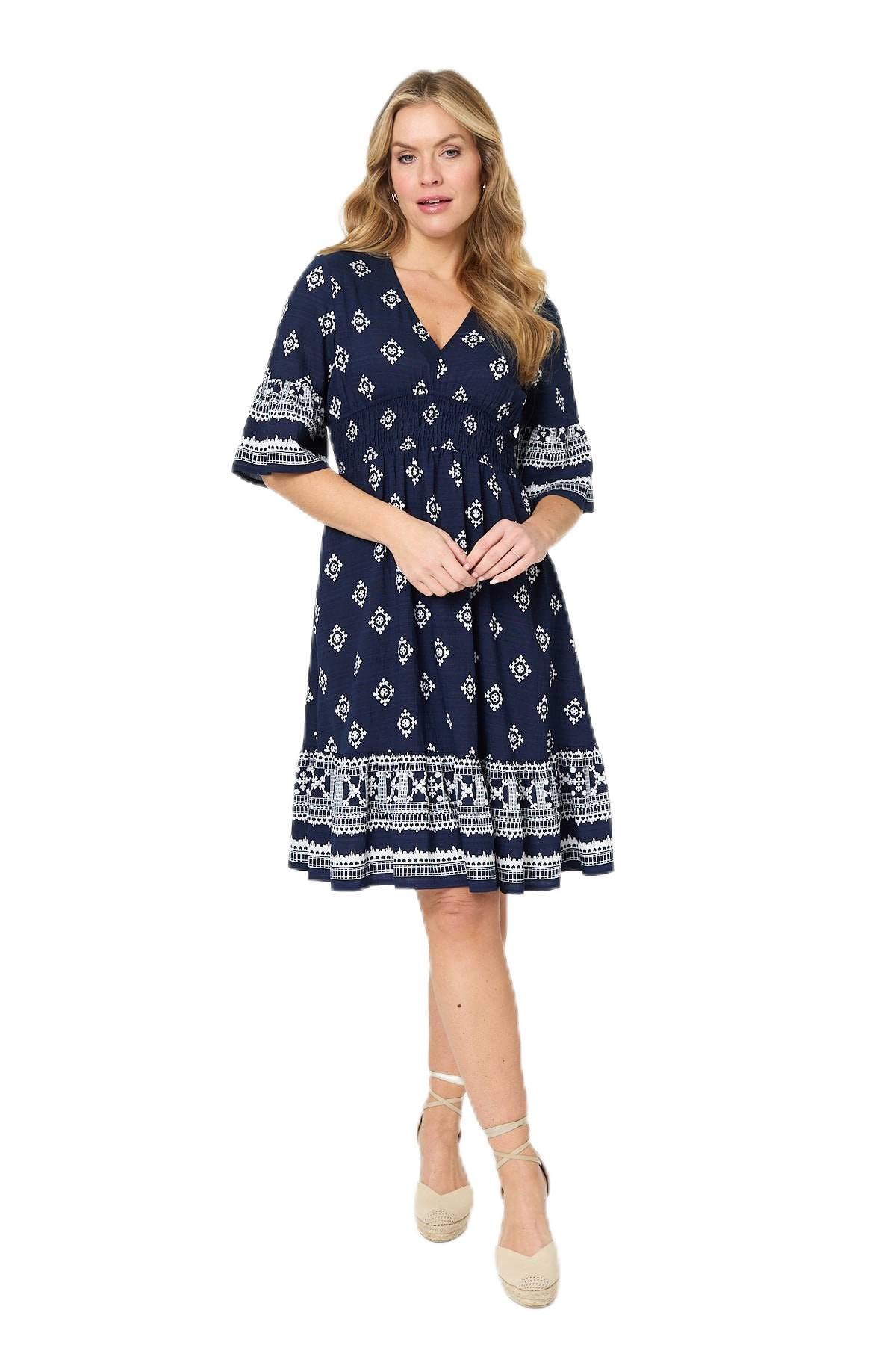 Izabel London Women's Half Sleeve Shirred Waist Day-to-Night Dress in Navy | Size: 14