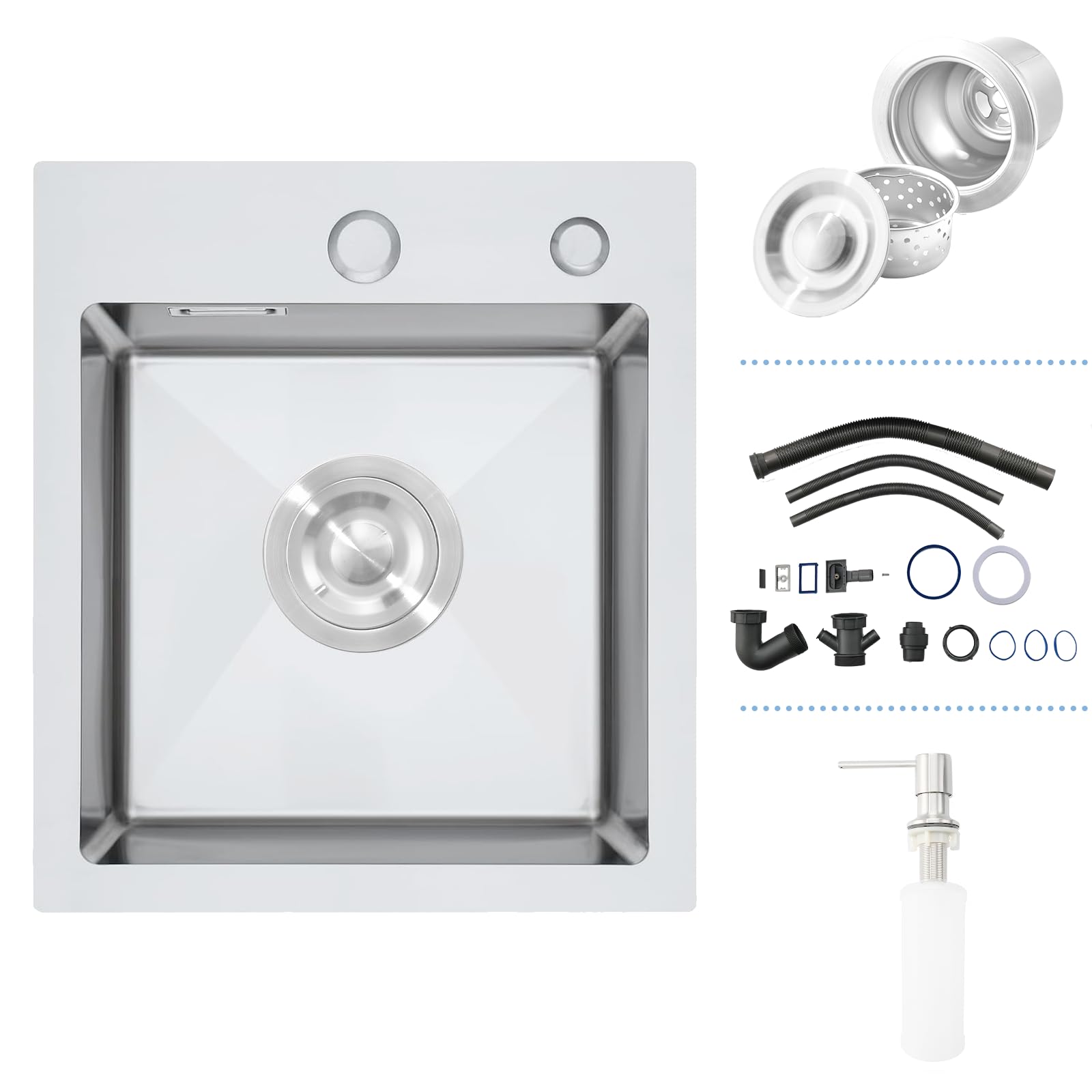 iAnomla 304 Stainless Steel Kitchen Sink 40 x 40 cm, Small Kitchen Sink, Drop in Topmount Single Bowl with 2 Tap Holes Overflow, Siphon and Soap Dispenser, 1 Bowl, Brushed Nickel — image 1