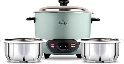 Pigeon Inox Rice Cooker with Double pot, 1.8 litres | Stainless Steel Lid | 700 Watts | 2 Steel Cooking Pot | Measuring Cup | Spatula | Energy Efficient Cooking
