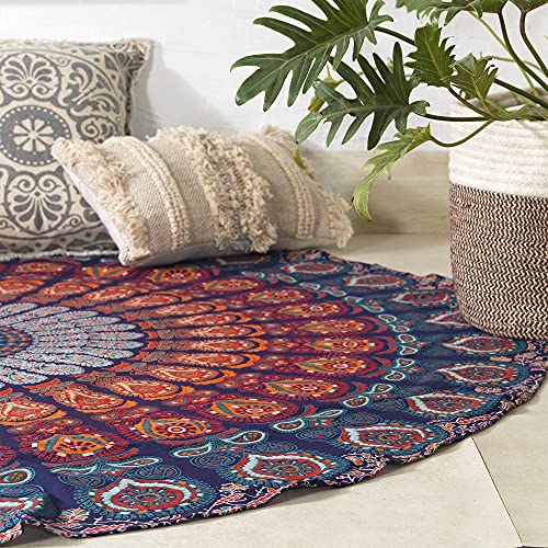 Popular Handicrafts Round Tapestry with Tassel Wall Hanging Ombre Hippie Mandala Bohemian Hippy Intricate Indian Tapestries Tablecloth 70 Inches,(178cm) Navy Blue