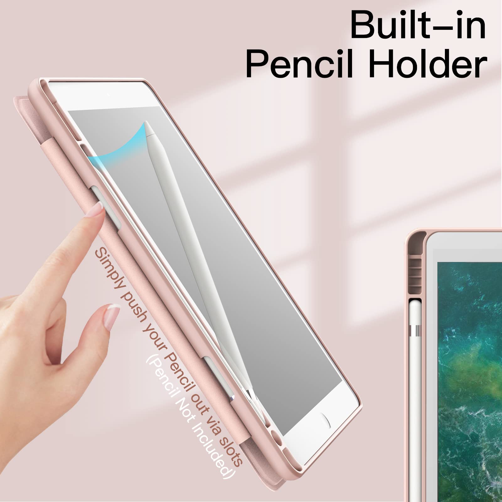 Fintie Hybride Hoes Compatibel met iPad 6e Generatie (2018) / 5e Gen (2017) 9,7 inch - Schokbestendige Afdekking met Transparant Harde Schaal Achterkant Beschermhoes Penhouder, (Roségoud