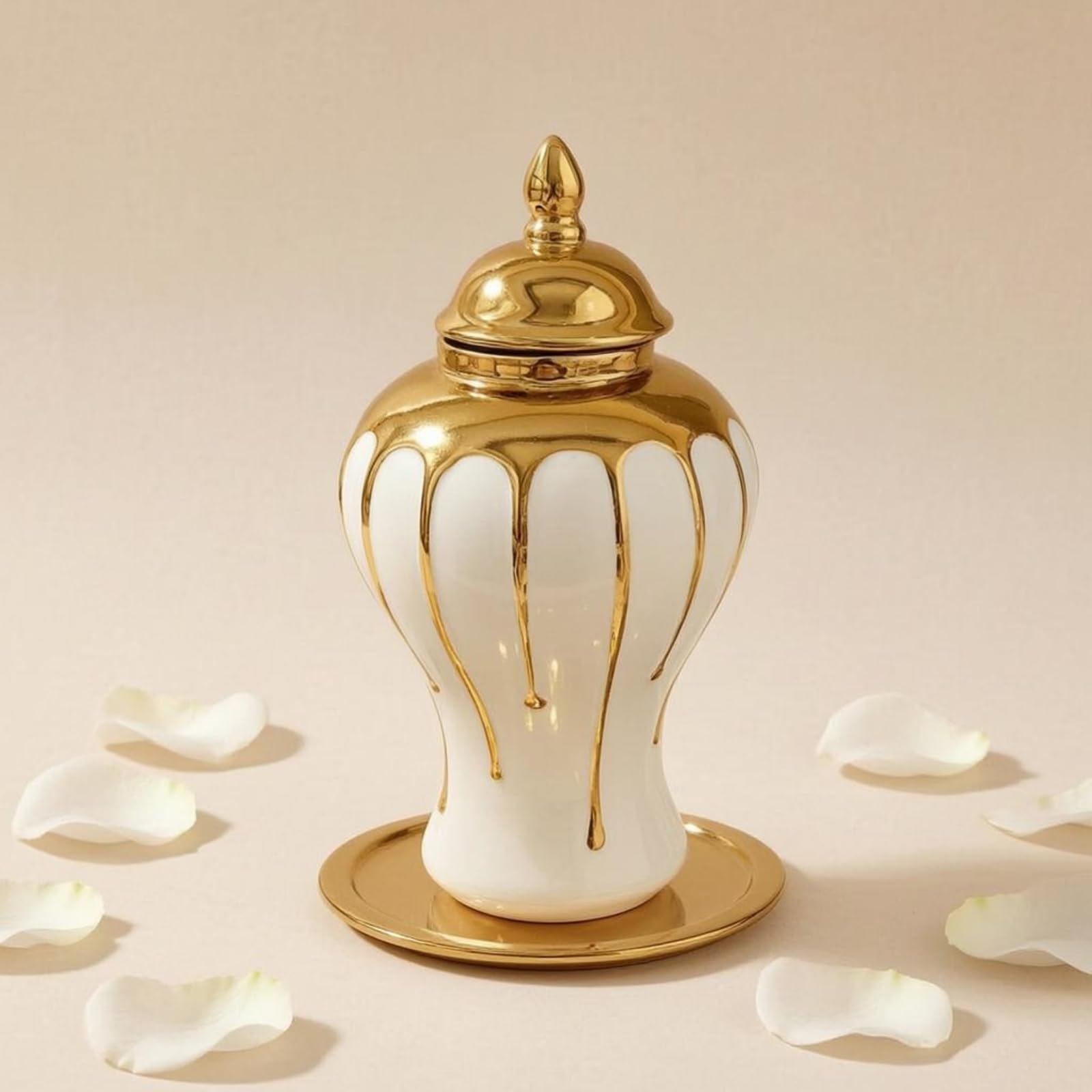 Sharplace Dekovase Urnenform Vase Gefäß Krug mit Stilvollem Deckelabschluss Und Runder Schulter Veredelte mit Feinem Linienmuster für Festtafel Buffet Bankett, Wassertropfen-Generalgefäß Groß, Gold