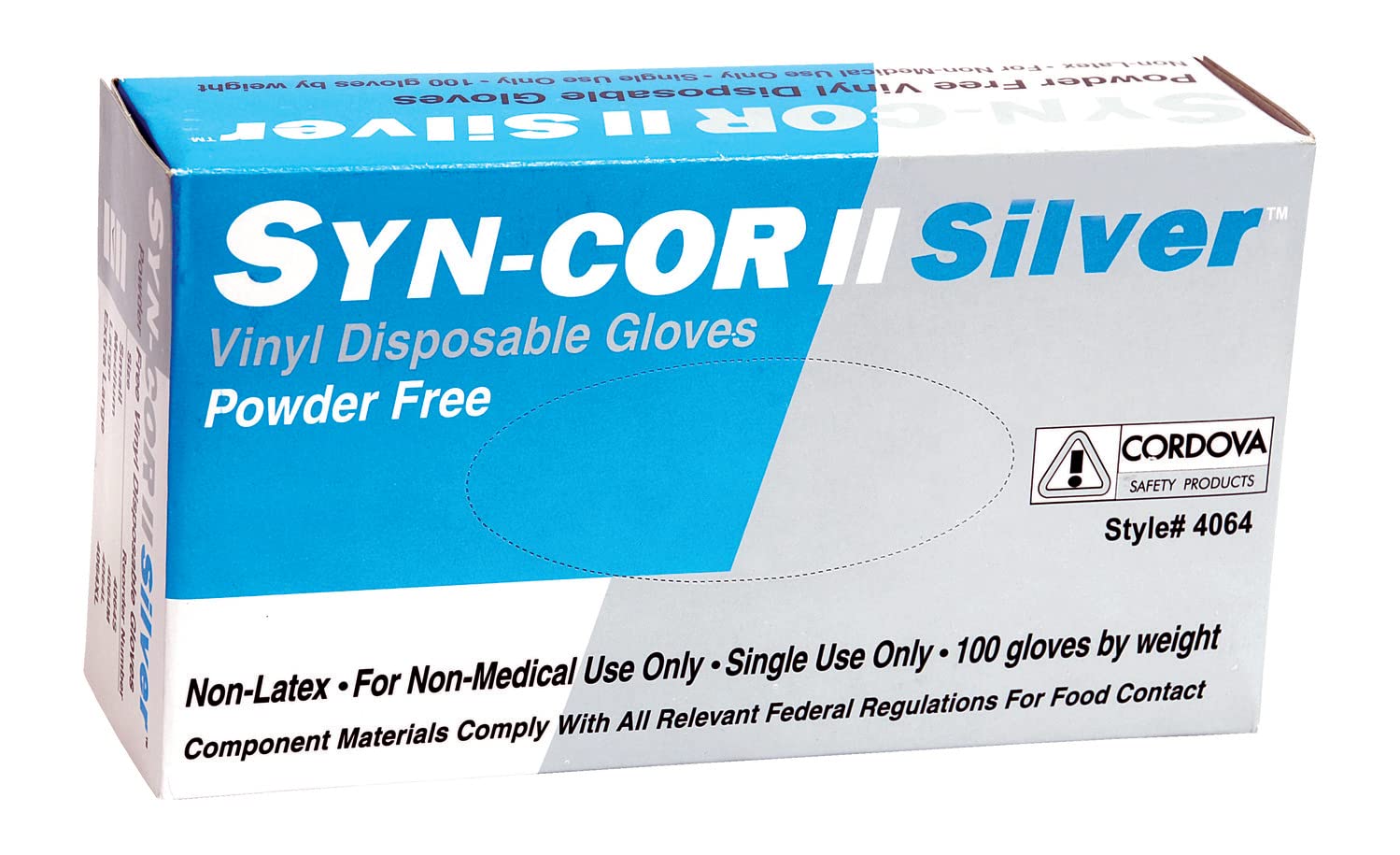 Cordova 4064L Syn-Cor II Silver Vinyl, Industrial Grade, Powder Free, 10 Boxes of 100, Large, 1000-Pack
