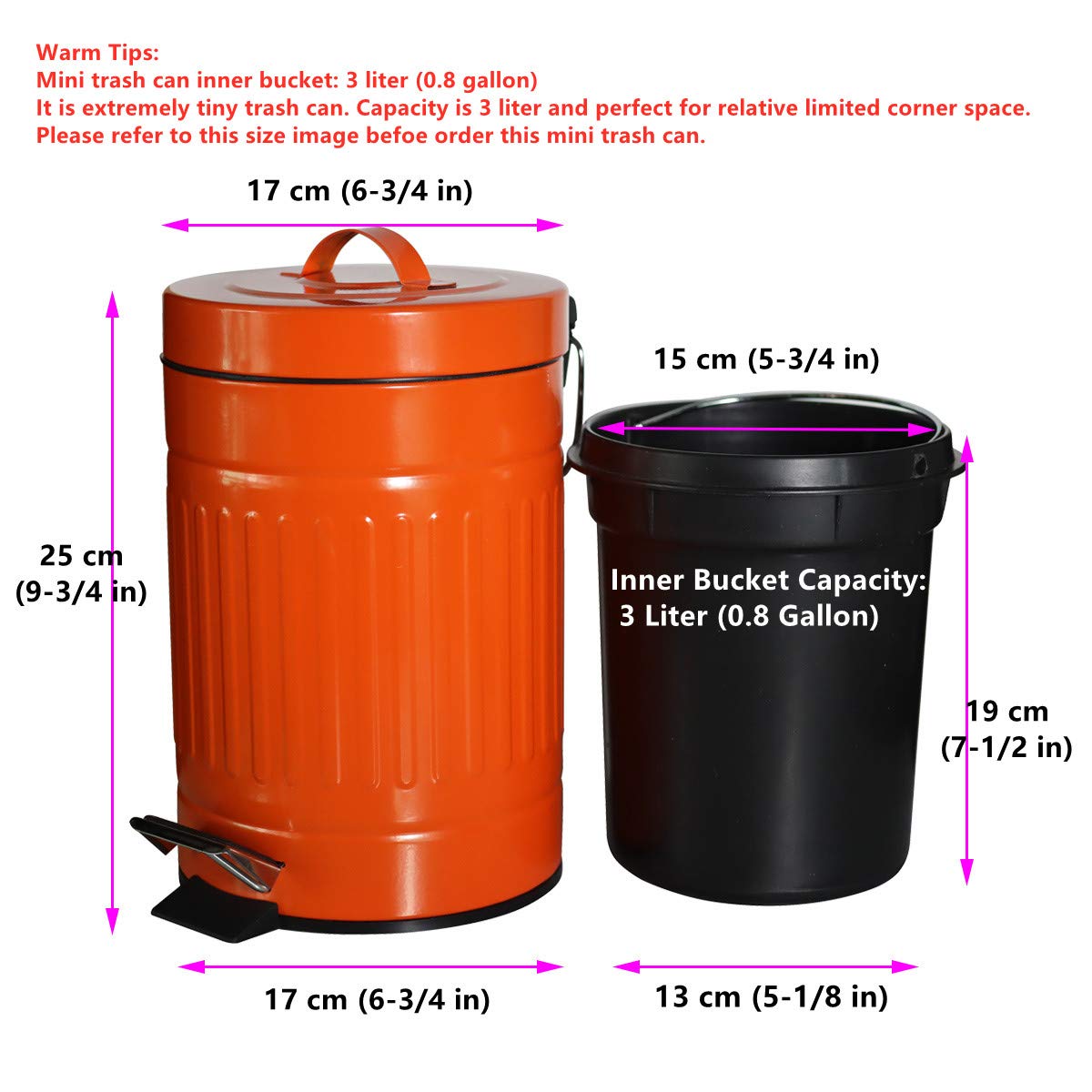 OCTMUSTARD 3 Liter / 0.8 Gal Mini Metal Trash Can with Lid,Small Pet Garbage Can Waste Basket for Car,Office,Outdoor or Home Kitchen and Bathroom Decor,Orange 9" X 6.75" X 11.25"