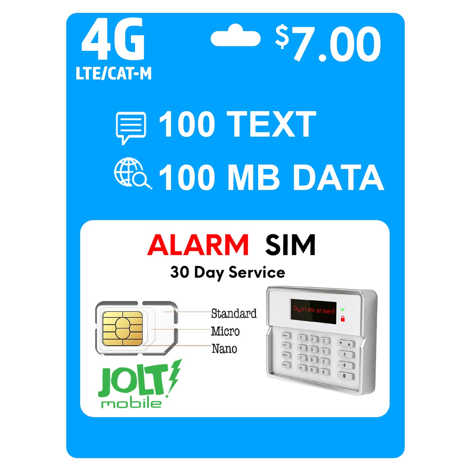 Jolt Mobile $7 AT&T 4G LTE Alarm SIM Card for GSM Business-Office-Home Security Burglar Anti-Theft Alarm System & Monitoring - Triple Cut SIM