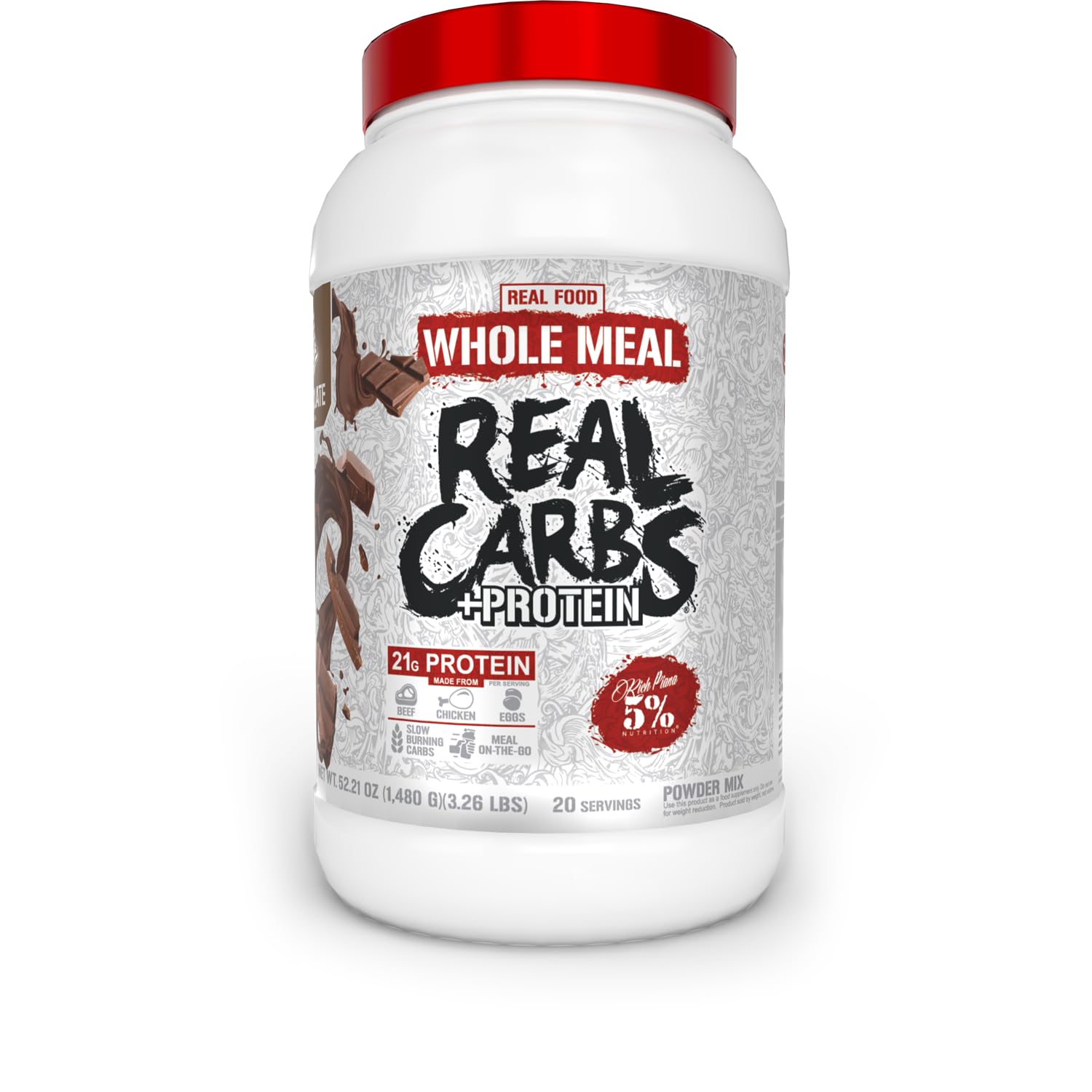5% Nutrition Rich Piana Real Carbs + Protein | Clean Mass Gainer Meal Replacement Protein Powder | Carbohydrate for Pre Workout/Post-Workout Recovery Meal | 3 lb, 20 Srvgs (Chocolate)