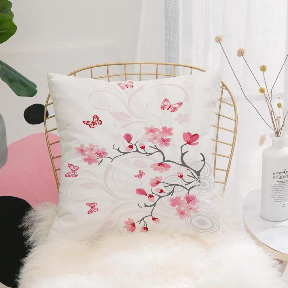 HYOSXW Cushion Cover,Throw Pillow Case Home Decorative for Living Room Bedroom Sofa Chair 16X16 Inch,Nature, cherry blossoming butterflies on strips of sunlight,Pillowcase 40X40cm
