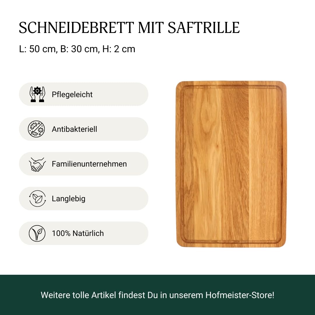 HOFMEISTER® Planche à découper rectangulaire en chêne, 50 cm, grande planche à découper avec rigole à jus, surface de découpe robuste d'origine européenne, planche de cuisine professionnelle