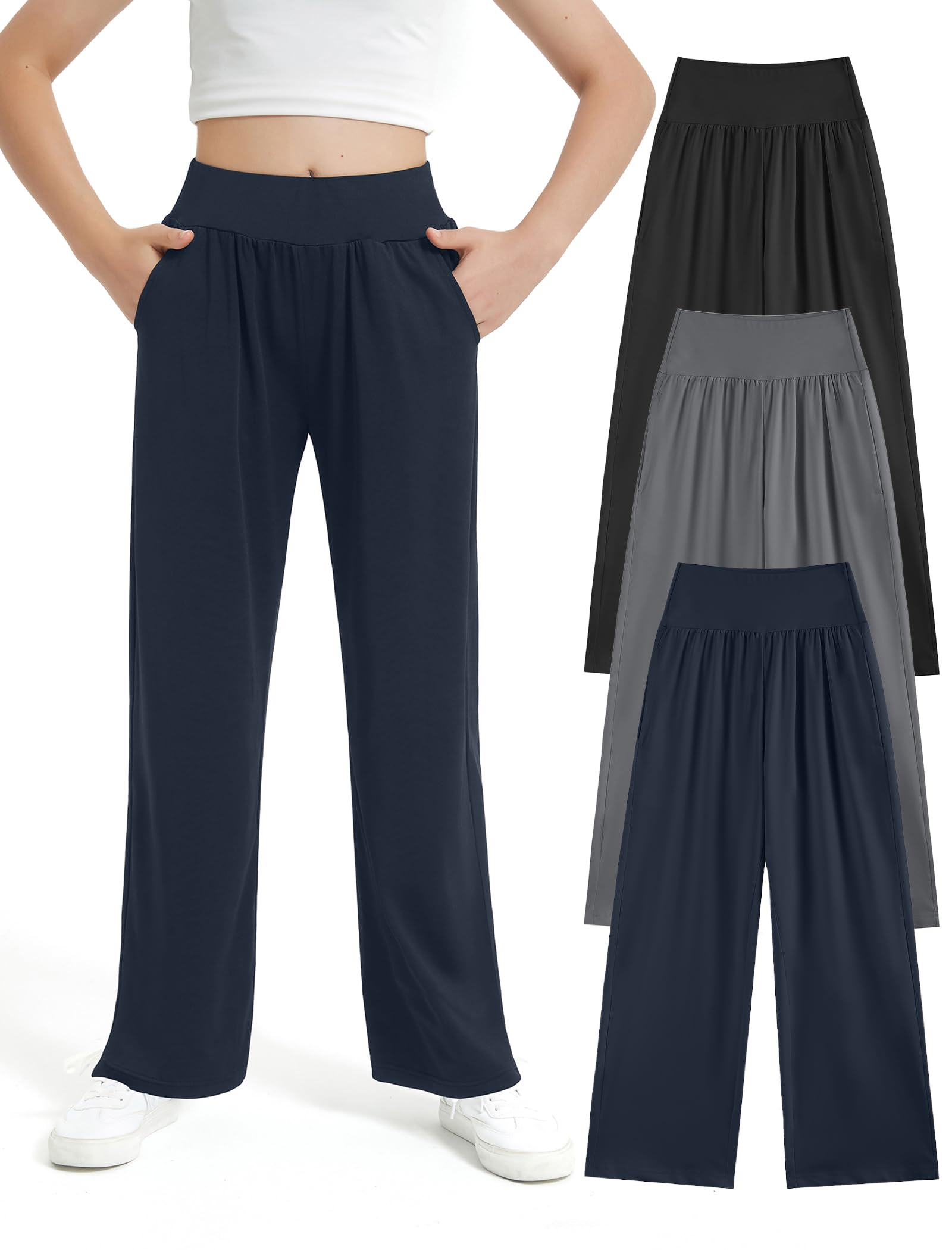 EXARUS 3 Pack Girls Flowy Pants Wide Leg Teen Elastic Loose Soft Mid Waist Causal Long Daily Comfy Solid Straight Palazzo Pants with Pockets Outdoor Black/Dark Grey/Dark Blue 14Y