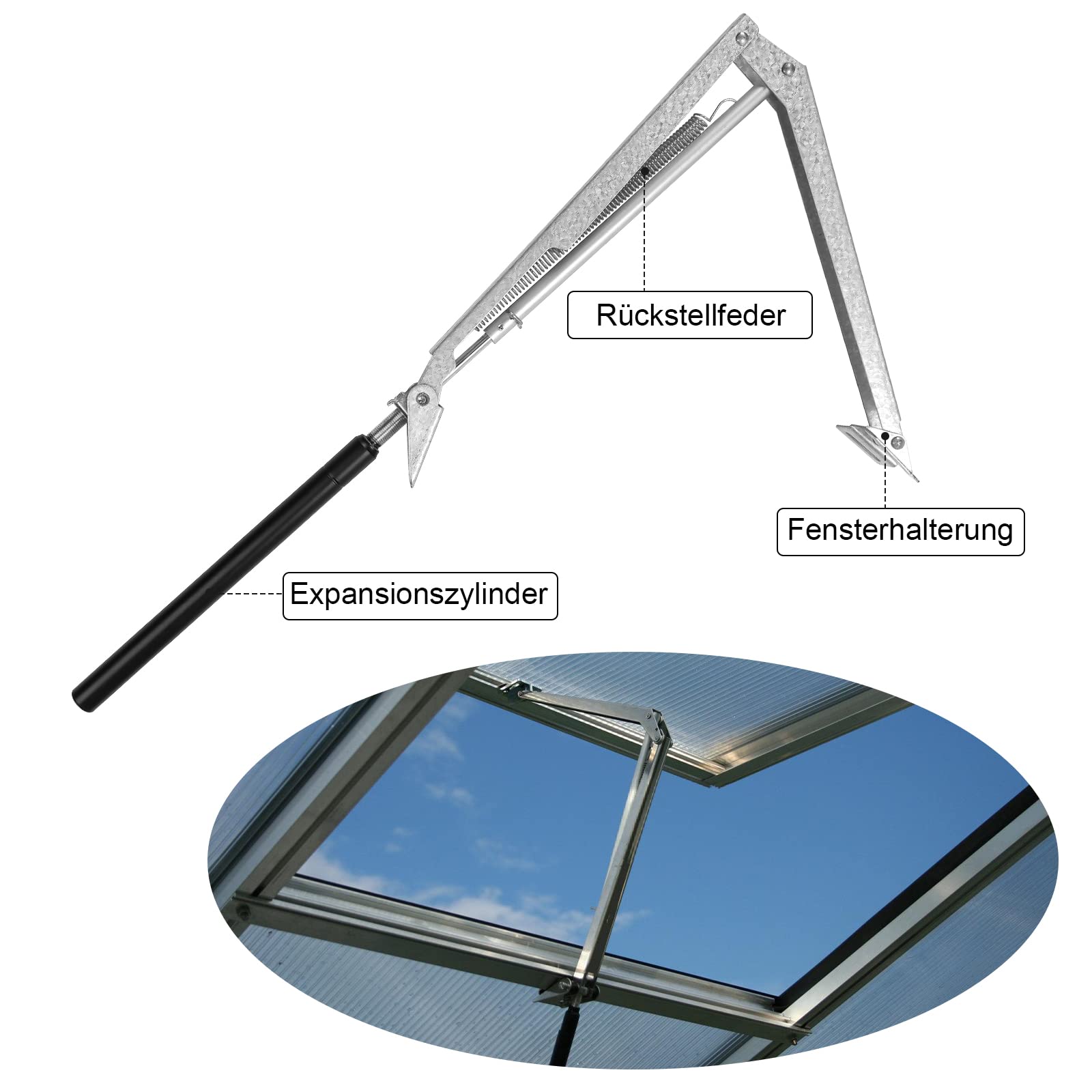 Lospitch Fensteröffner für Gewächshaus Gartenhäuser Temperaturgesteuert Hubkraft 14 kg, Gewächshaus Fensterheber, Hubhöhe 45 cm