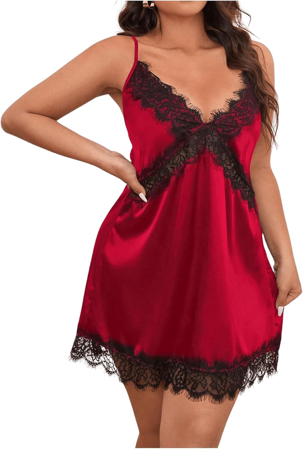 WDIRARA Women's Plus Size Satin Nightgown Lace Trim Backless V Neck Sexy Chemise