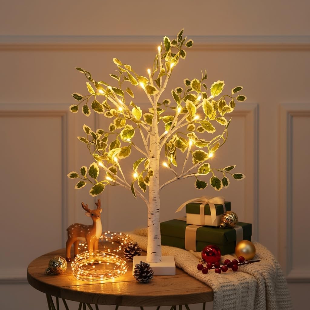 Lighted Birch Trees with Green Leaves for Indoor Decor, 2ft Light Up Tree Lamp with Timer, Fairy Light Spirit Tree for Christmas, Office, Wedding, Home Decorations, USB/Battery Powered - Image 4