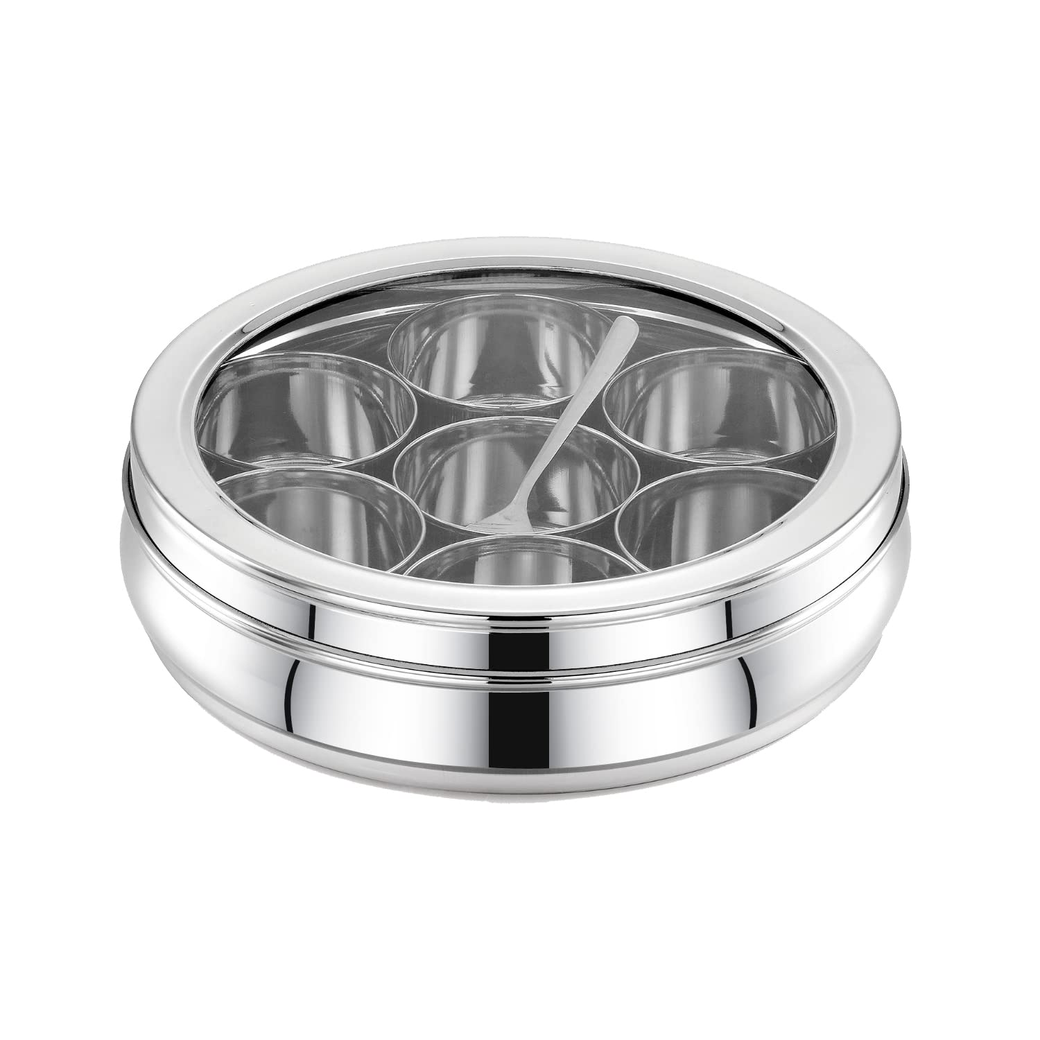 AVIAS DELUXE SPICE BOX with See Through Glass Lid | Masala Dabba for Kitchen | 7 Containers 1 Spoon (Medium)