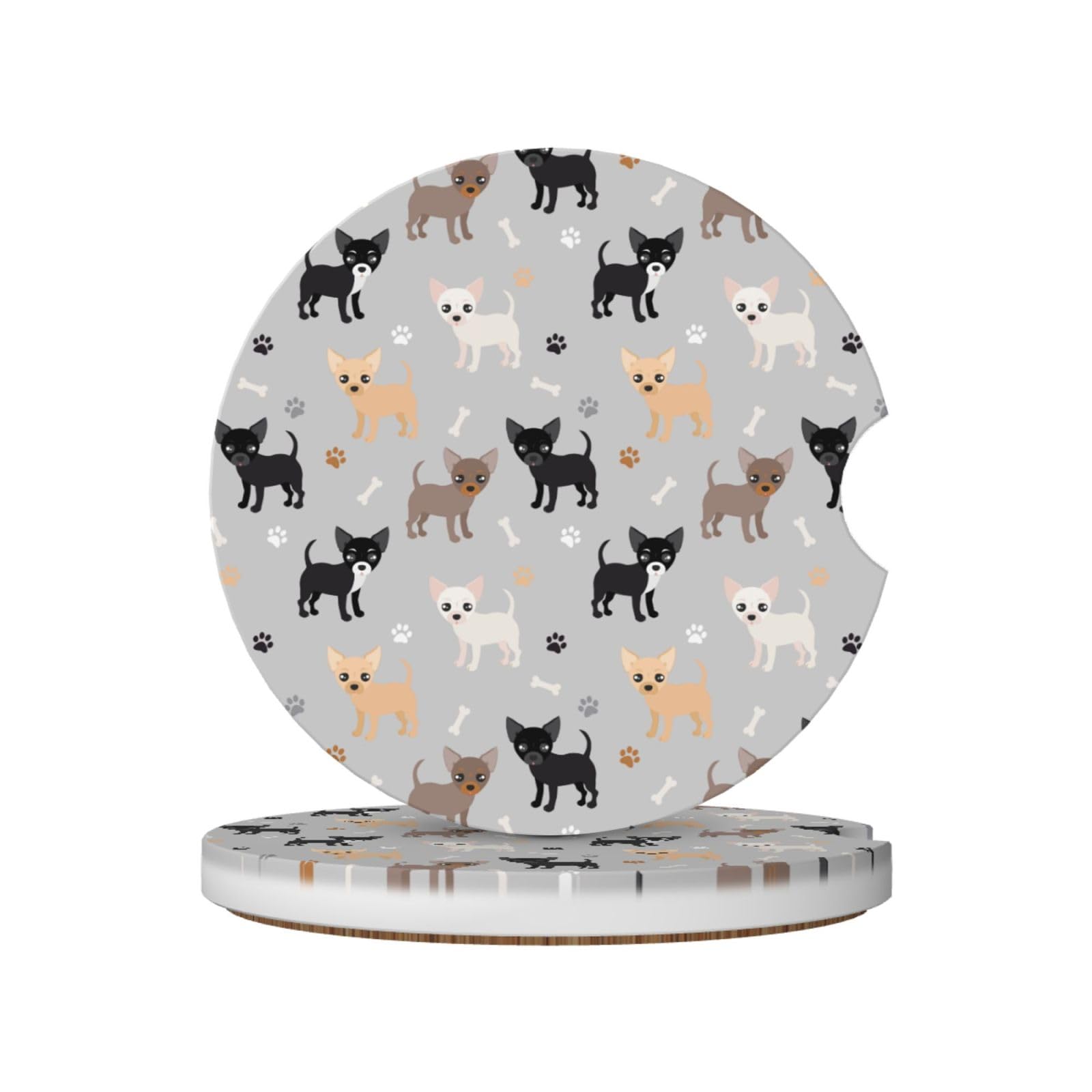 Chihuahua Paws And Bones, Car Cup Holder Coasters 2 Pack, Absorbent Ceramic Car Coasters with Non Slip Cork Base