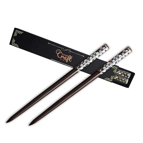 Palillos con incrustaciones superiores con madreperla, palillos de madera hechos a mano para mujer, color negro y gris natural (perla negra)