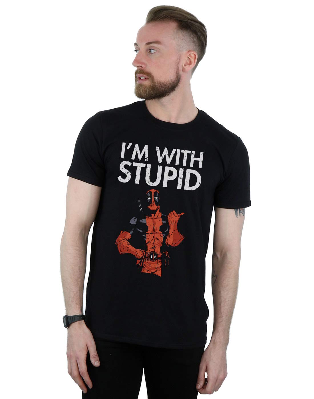 Marvel Men's Deadpool I'm with Stupid T-Shirt Black XXXXX-Large