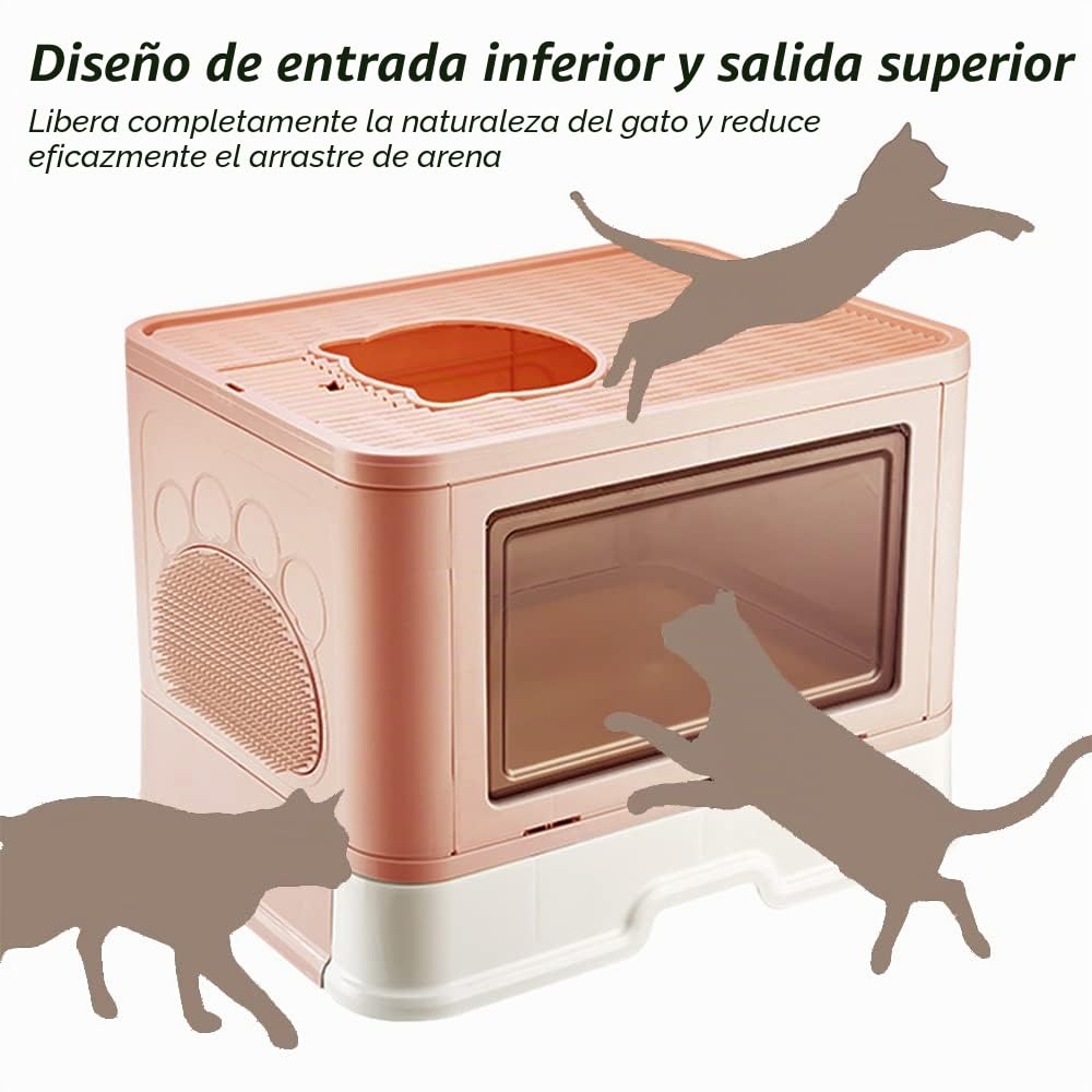 Arenero Gatos Cubierto con Cajon,Arenero para Gatos Grande XXL Cerrado Caja de Arena Plegable Cagadero Gato sin Olores con Cepillo de Masajeador Pala y Filtro48,5 * 36,5 * 38 cm - Rosa