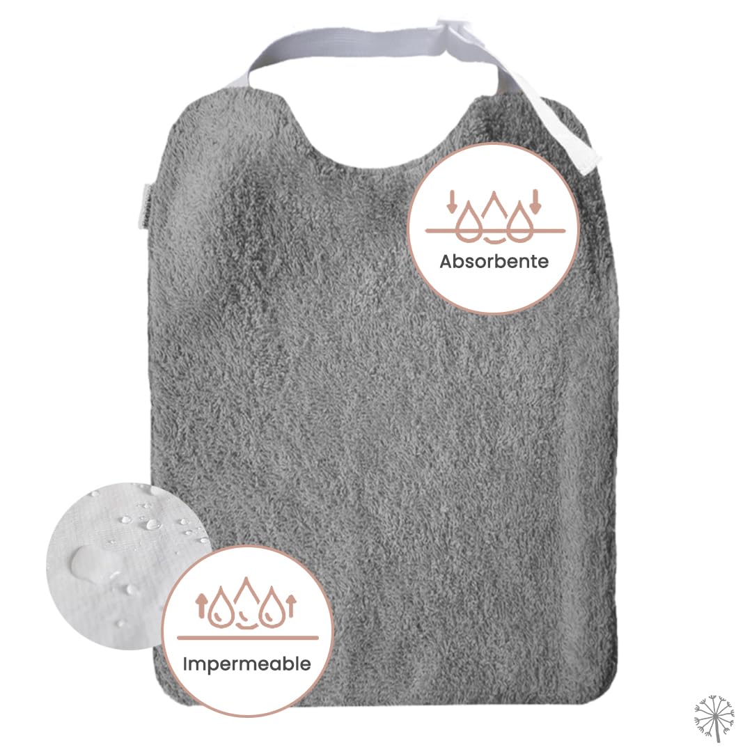 MIMUSELINA Pack de 3 Baberos Adultos Impermeables | Babero para Ancianos y Personas Mayores con Goma Ajustable | Reutilizable, Rizo de Algodón OEKO-TEX Ultraabsorbente y Interior Antimanchas | España