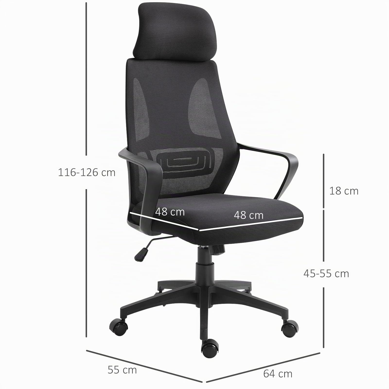 Vinsetto Sedia da Ufficio Ergonomica con Poggiatesta Regolabile Nero | Braccioli, Sedia Scrivania Girevole, Supporto Lombare, Altezza Regolabile, Funzione Dondolo, Tessuto, per Studio