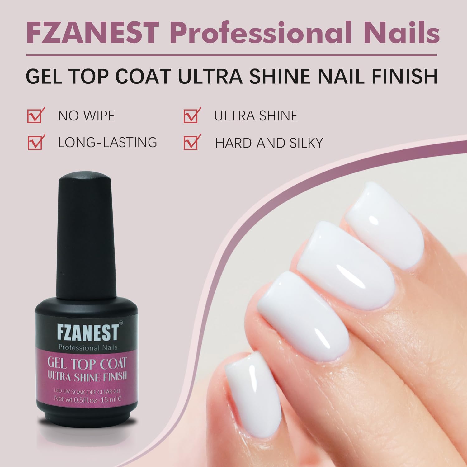 FZANEST Gel Top Coat 15ml - No Wipe Top Coat Glossy Shine Finish Long Lasting Soak Off Nail Clear UV Gel Nail Polish Salon Quality Nail Art Design for Home Use Beauty Gift