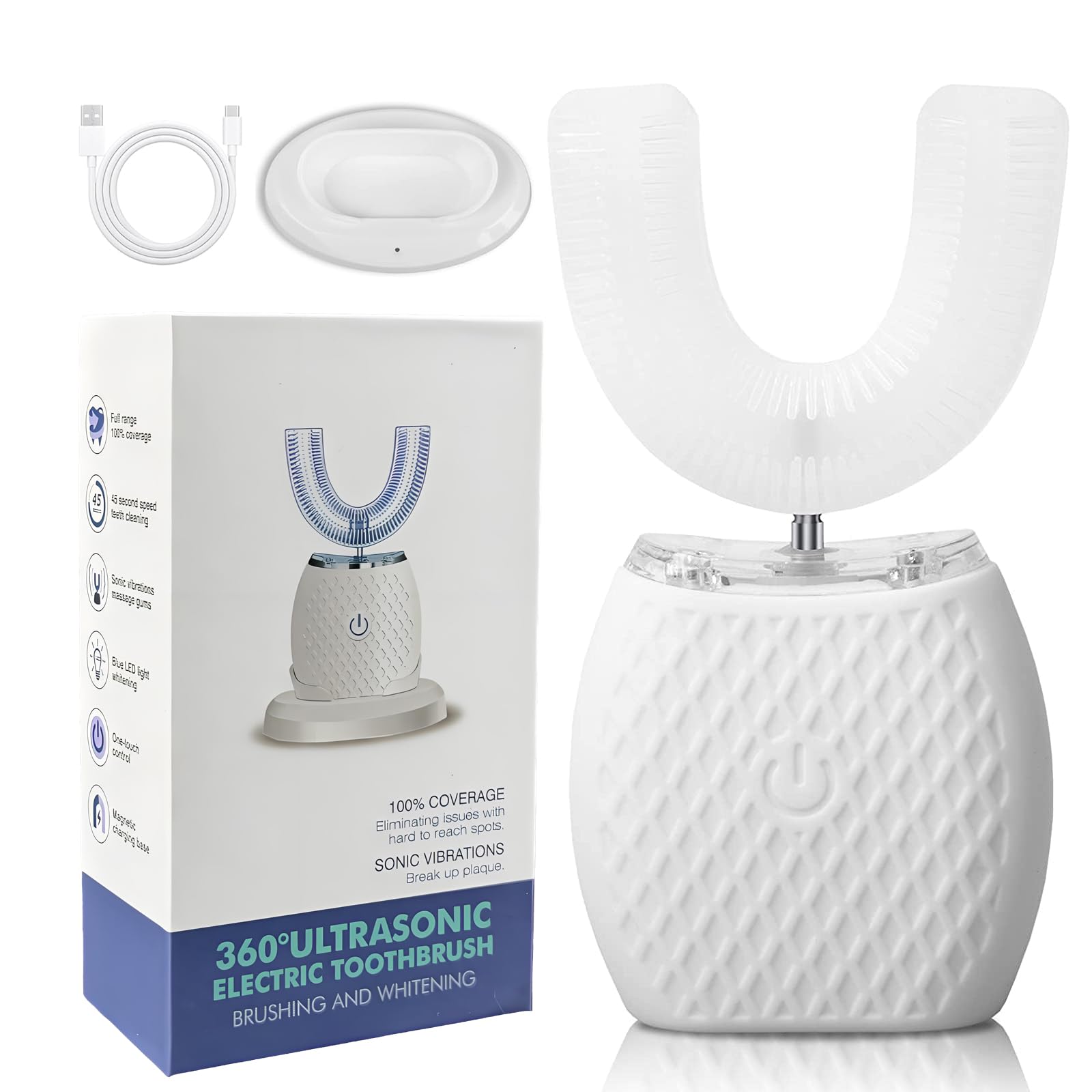 Spazzolino ad Ultrasuoni, Spazzolino Automatico, Elettrico Spazzolino per Sbiancamento dei Denti con Timer e Ricarica Wireless Spazzolino Elettrico a 360° per Adulti (Bianco)
