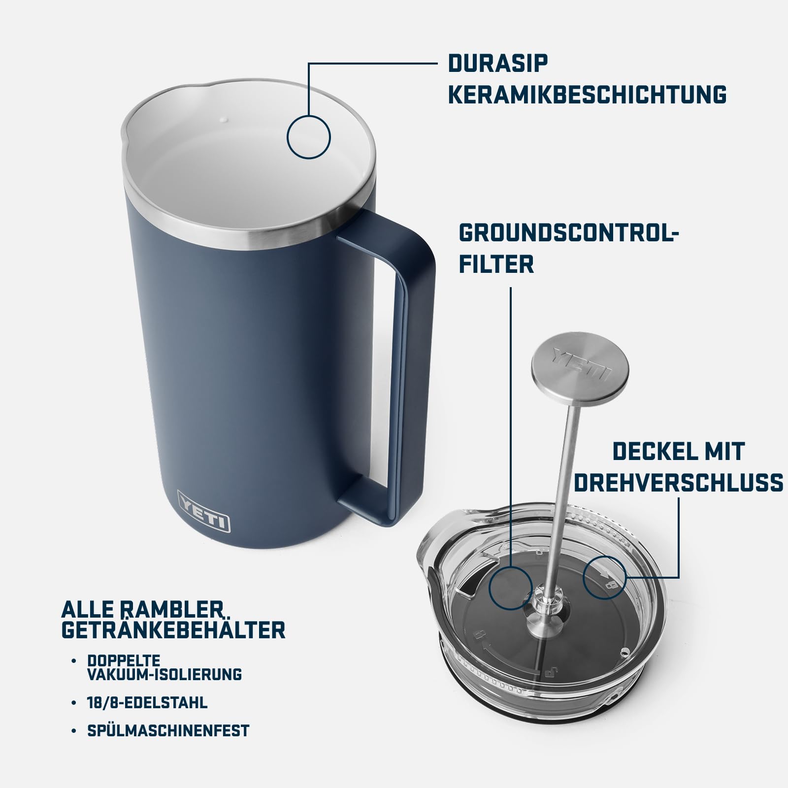 YETI Rambler Stempelkanne Mit DuraSip Keramikbeschichtung, Navy, 64 oz (1.9 L)