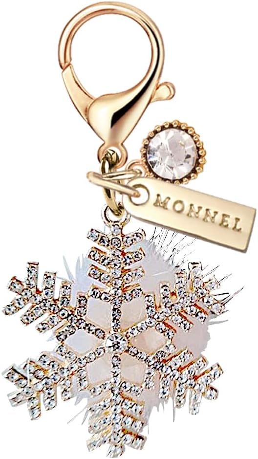 MC687 Little Crystal Snowflake with Pompom Lobster Clasp 3D Charm for Women with Velvet Bag (Gold,1 Piece)