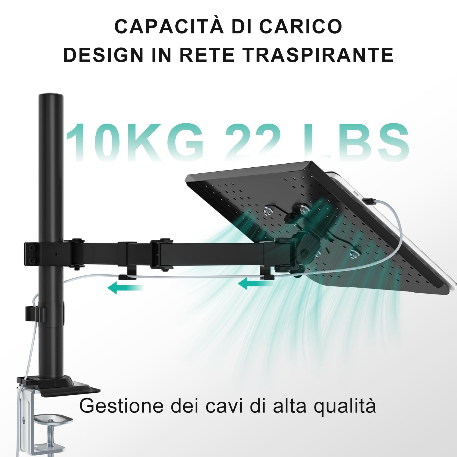 Wali Supporto da scrivania per 1 laptop fino a 17 pollici, completamente regolabile, capacità 10 kg con supporto per piattaforma di raffreddamento ventilato (M00LP)