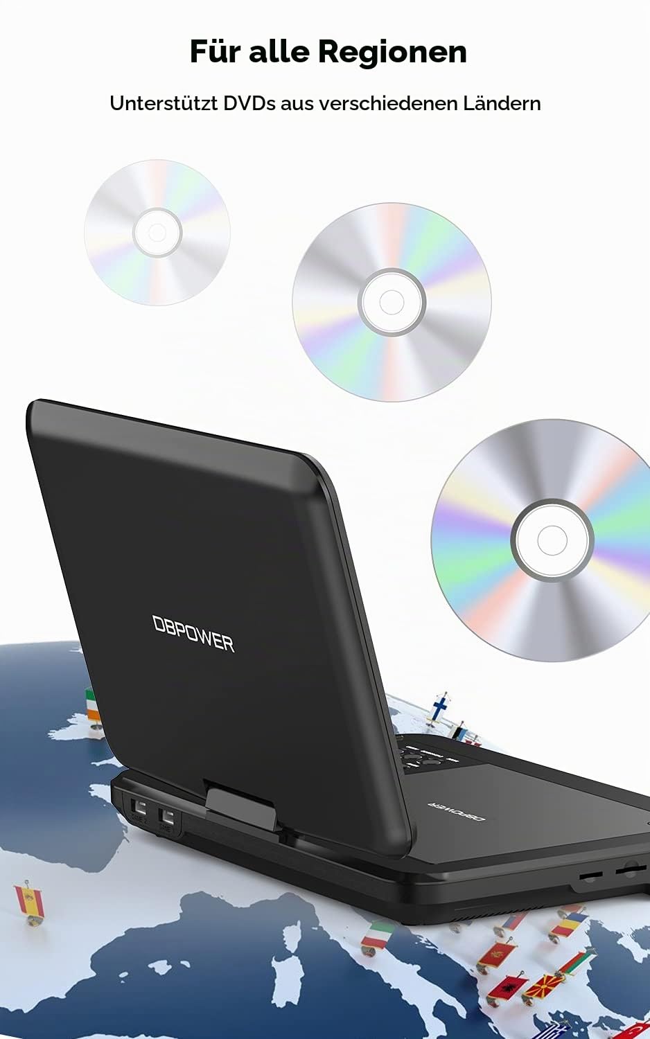 DBPOWER® Tragbarer DVD-Player, 10,5 Zoll, 3 Stunden Wiederaufladbare Batterie, Swivel Screen, SD-Karte und USB, Direct Play in Formats MP4/AVI/RMVB/MP3/JPEG (10,5, Black).