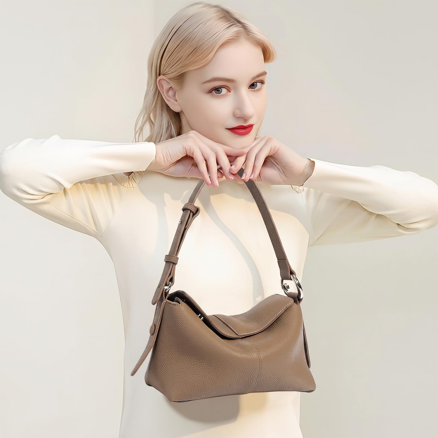 Bolso de Axila de Cuero Genuino para Mujer Elegante Bolso de Hombro Bolso de Mano Clásico Bandolera para Trabajo Oficina y Uso Diario Gris
