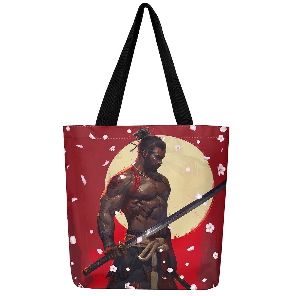 Homewish Black Samurai Canvas Tote Bag Red Sun Pattern Reusable Multipurpose Bag