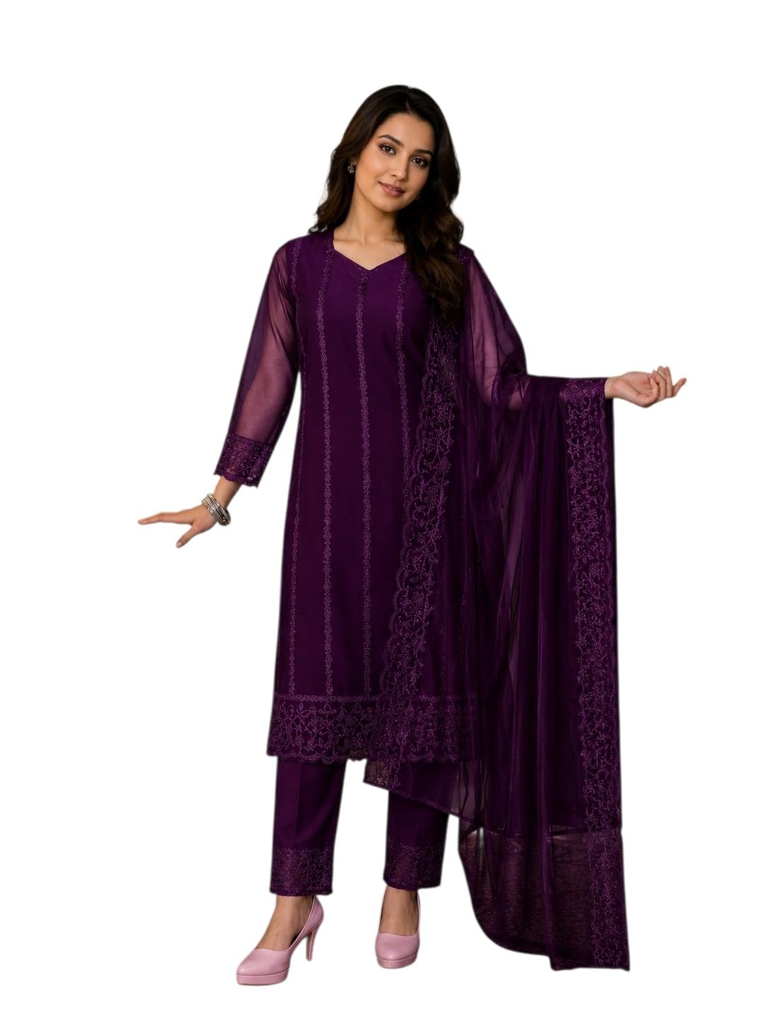 Women’s Straight Kurti Pant Dupatta Set | Net & Crepe Fabric Ethnic Suit Set for Ocassion Wear-image-47