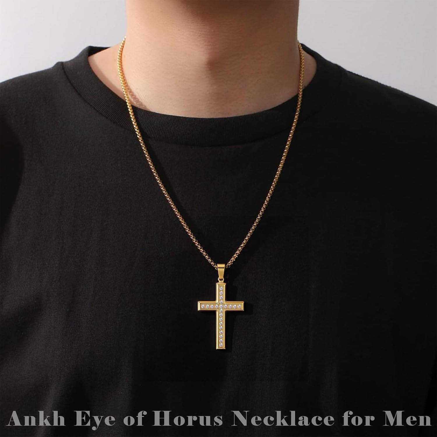 Cross Necklace and Bracelet Set for Men Women Stainless Steel Chain with Cross Pendant Beveled Edge Gold Crucifix Necklace Religion Jewelry Gifts for Him