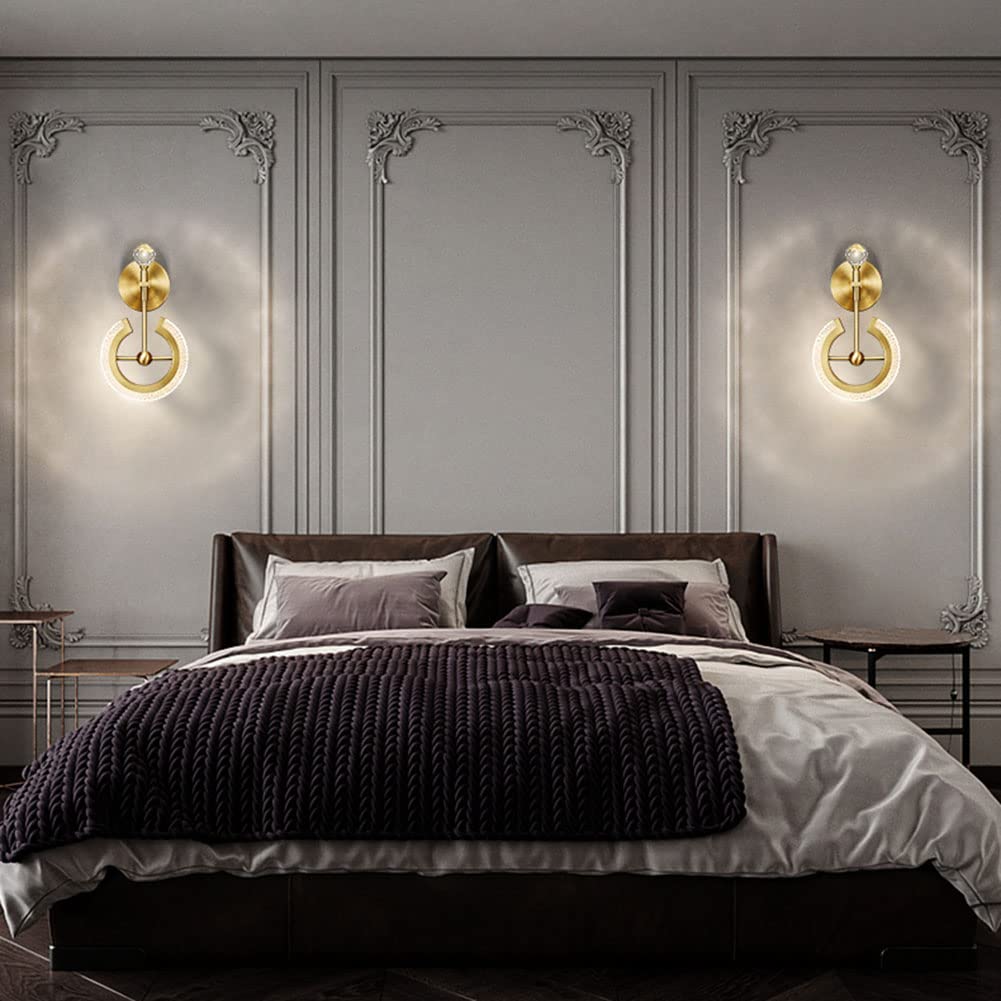 Oświetlenie wewnętrzne LED Ściemnianie 10W 3000K ~ 6000K Szczotkowany Brass Obrotowa Lampa Ścienna Z Kryształowym Kloszem Akrylowy Lampka nocna Sypialnia Disp