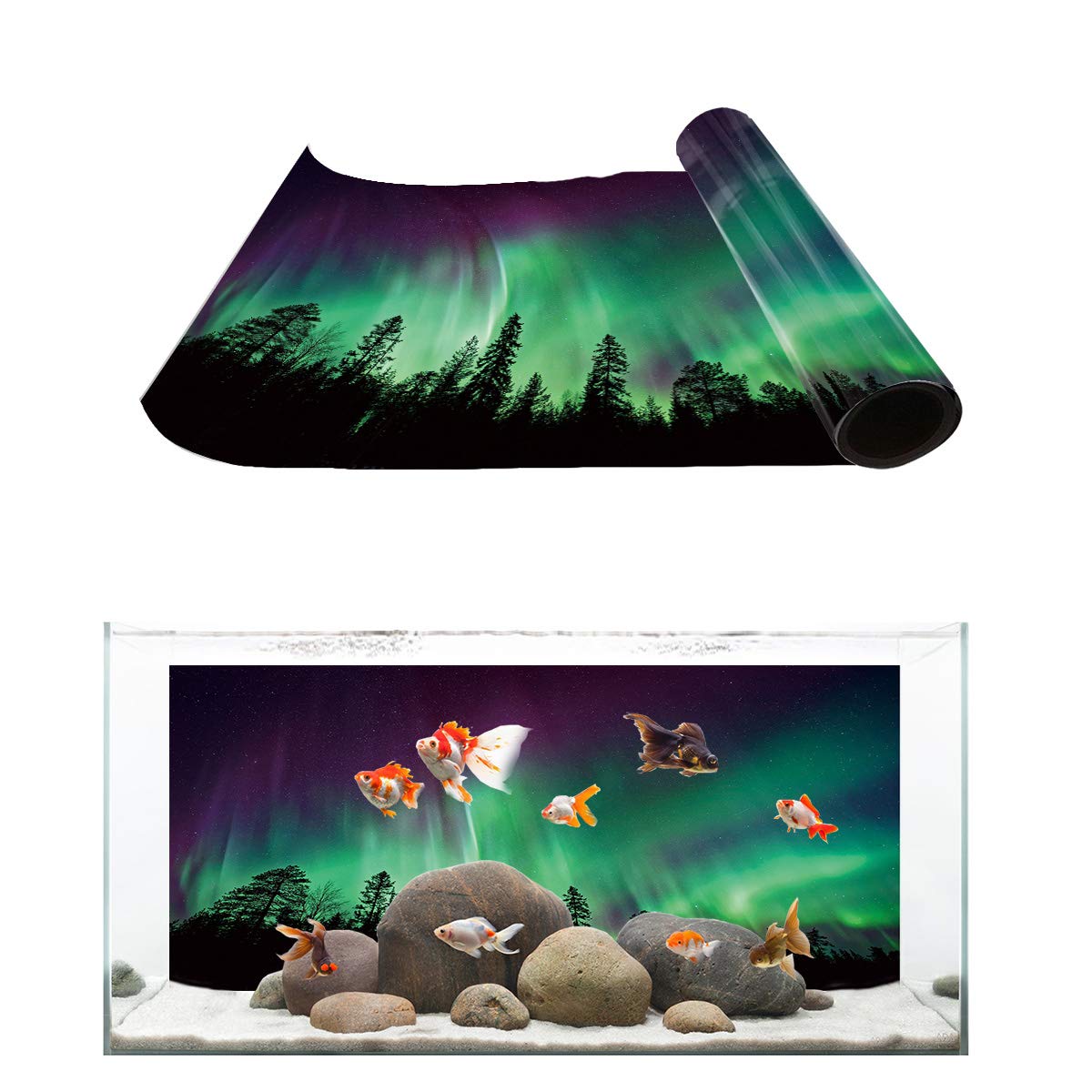 T&H Home Aquarium Décor Backgrounds, Purple Green Northern Lights Aurora Borealis Forest Fish Tank Background Aquarium Sticker Wallpaper Decoration Picture PVC Adhesive Poster 30.4